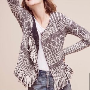 LEO & SAGE fringe sweater blazer XS black+ivory woven southwest jacket